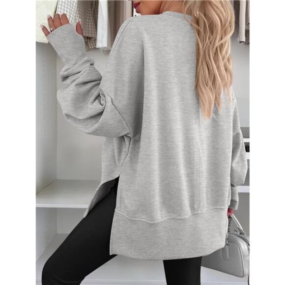 Side Slit Round Neck Long Sleeve Sweatshirt - Picture 4 of 16